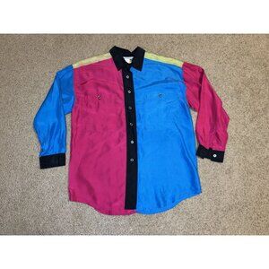 Womens VTG Color Block 100% Silk Button Up Shirt Oversized Y2K 90’s Retro MEDIUM
